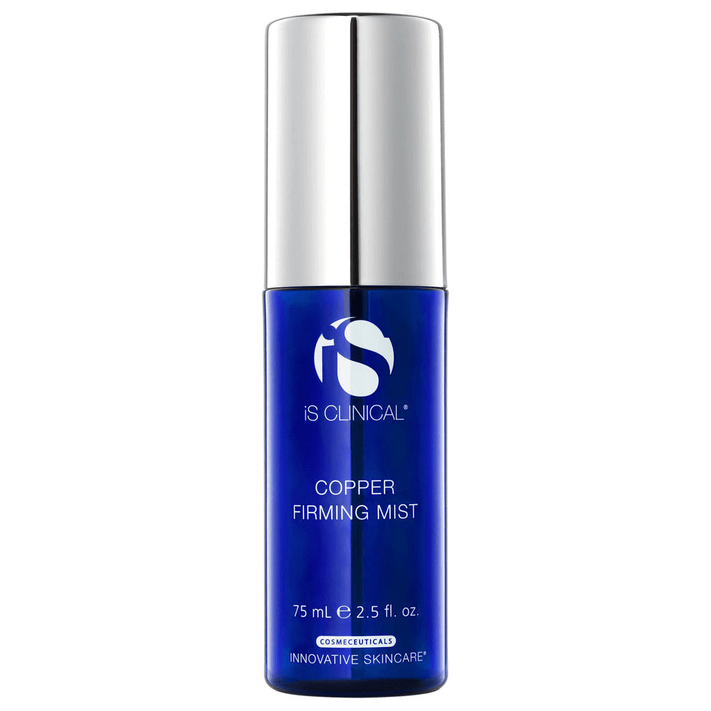 iS Clinical Copper Firming Mist in a blue bottle with silver cap, 75 mL size, designed for hydration and firming.