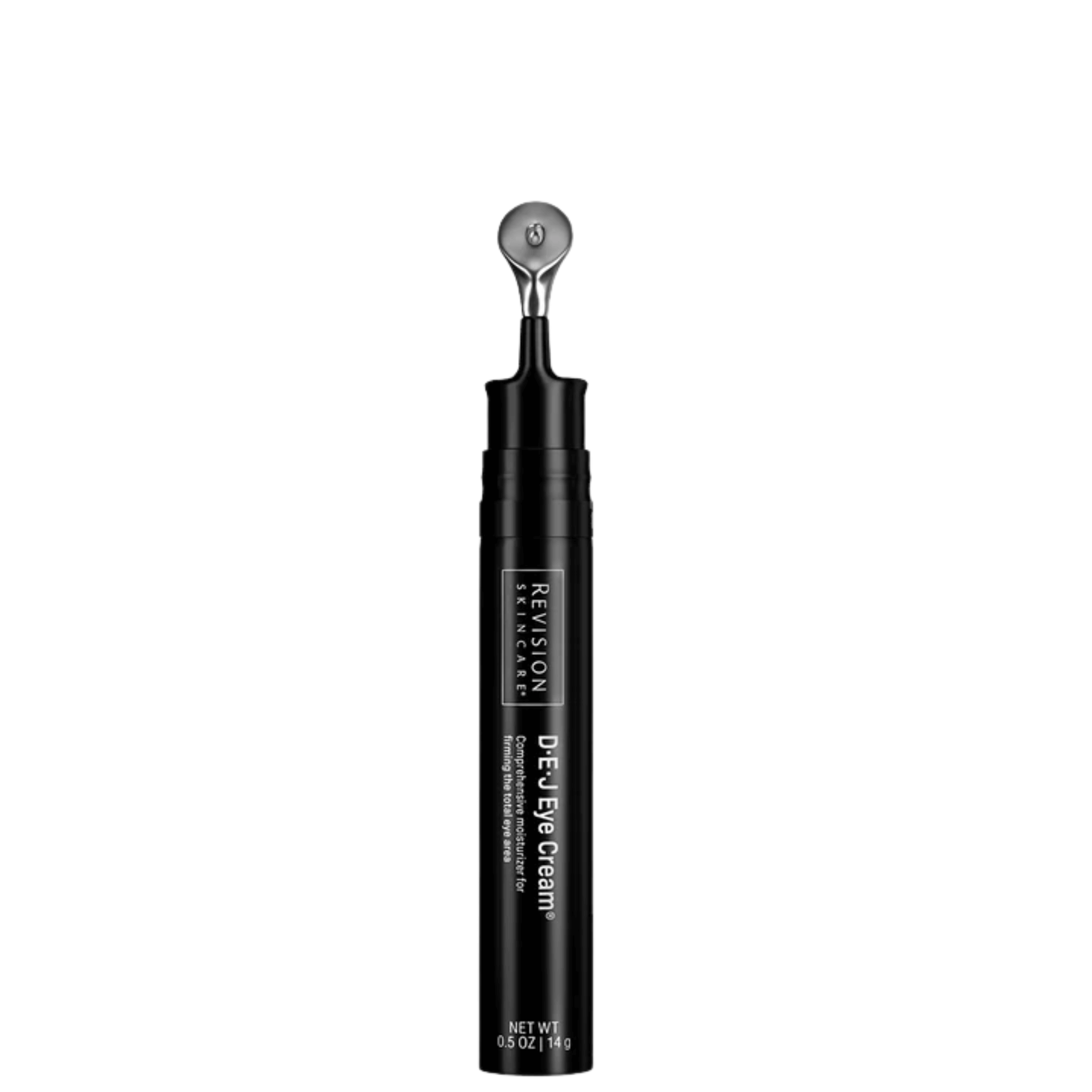 Revision Skincare D·E·J Eye Cream™ in a sleek black tube with a cooling applicator tip.
