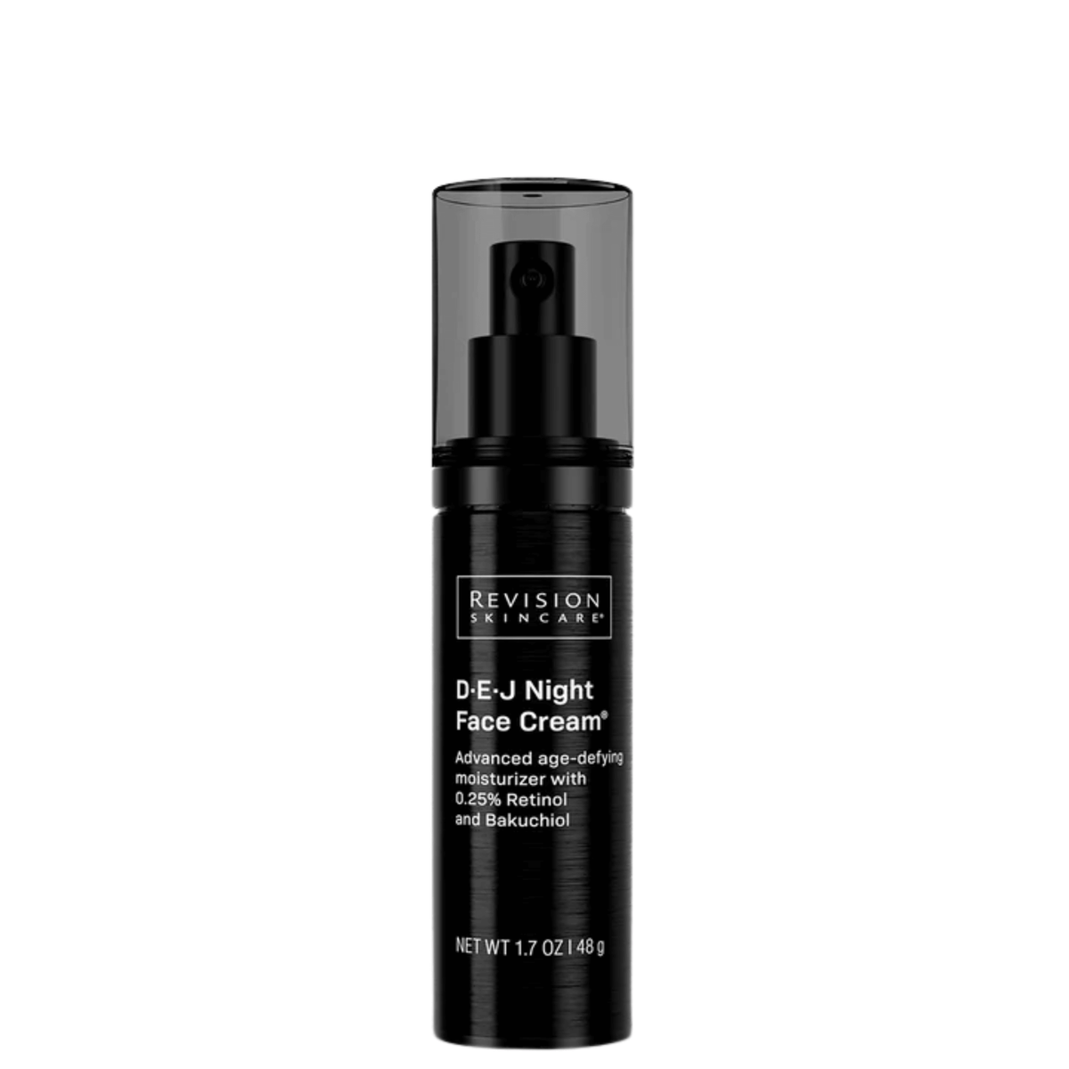 Revision Skincare D·E·J Night Face Cream™ bottle with pump, featuring 0.25% Retinol and Bakuchiol for skin improvement.