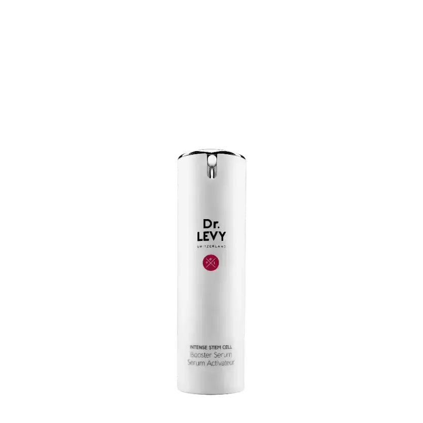 Dr LEVY Intense Cell Booster Serum bottle, featuring patented stem cell technology for skin rejuvenation.