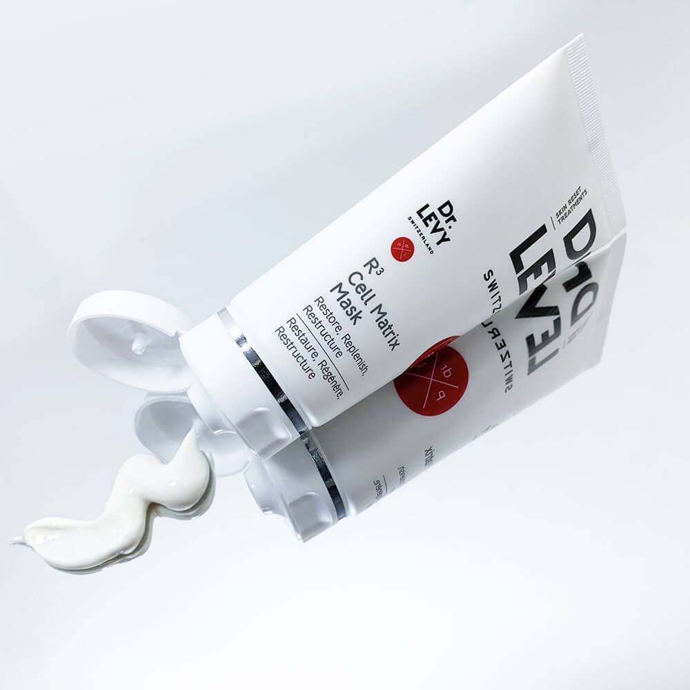 Dr LEVY R3 Cell Matrix Mask in a tube with cream being squeezed out, promoting wrinkle reduction in 20 minutes.