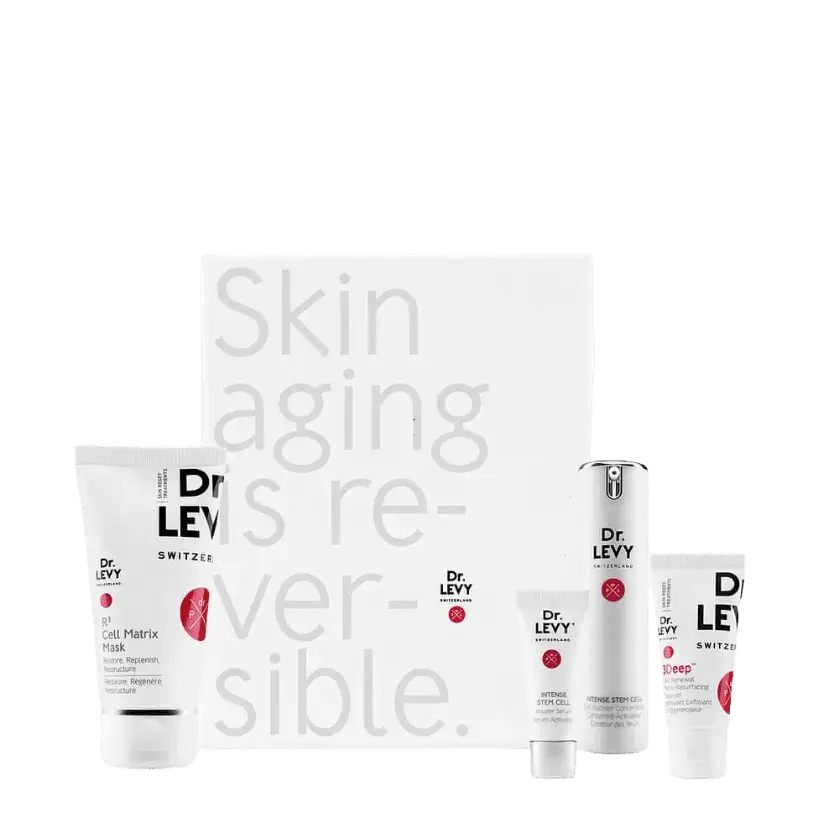 Dr LEVY Time Reverse Kit featuring six skincare products for anti-aging benefits.