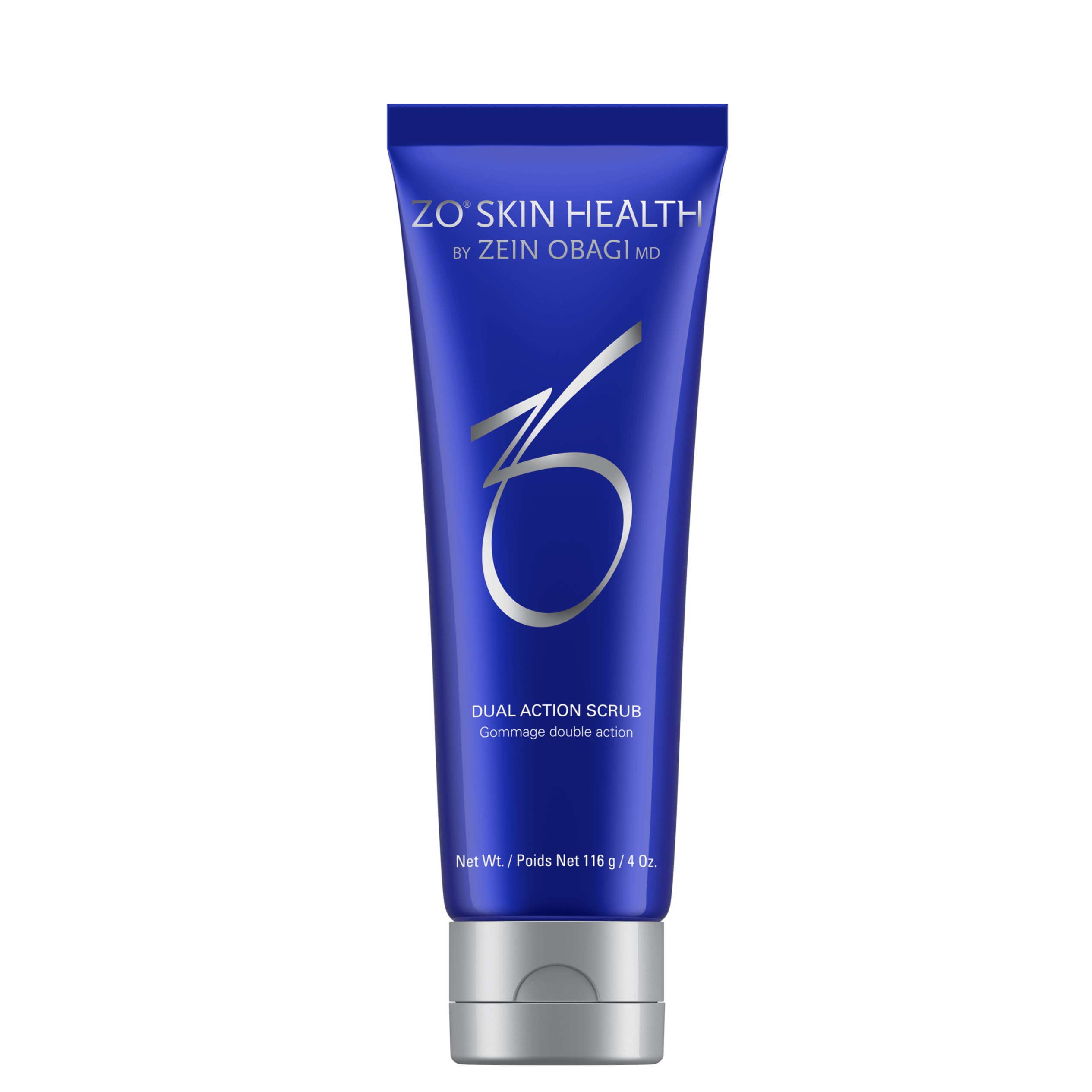 ZO Skin Health Dual Action Scrub tube showcasing its powerful exfoliating treatment for blemish-prone skin.
