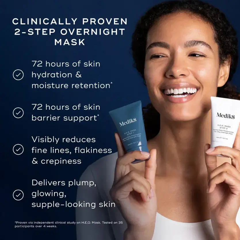 Woman holding Medik8 H.E.O. Mask™ showcasing its hydrating and anti-aging benefits.