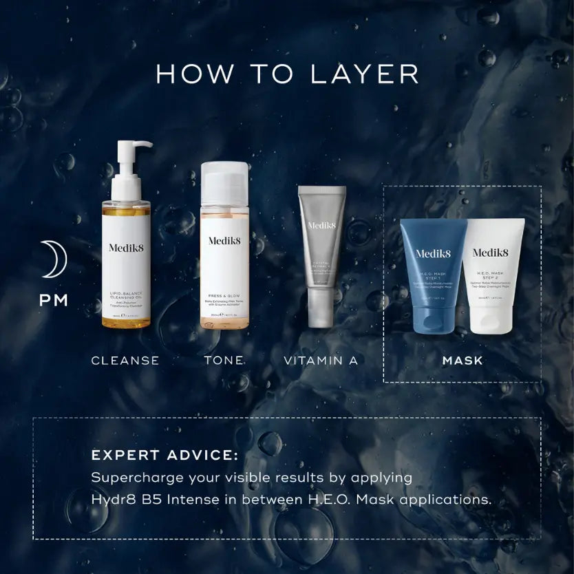 How to layer Medik8 skincare products including Medik8 H.E.O. Mask™ for optimal hydration.