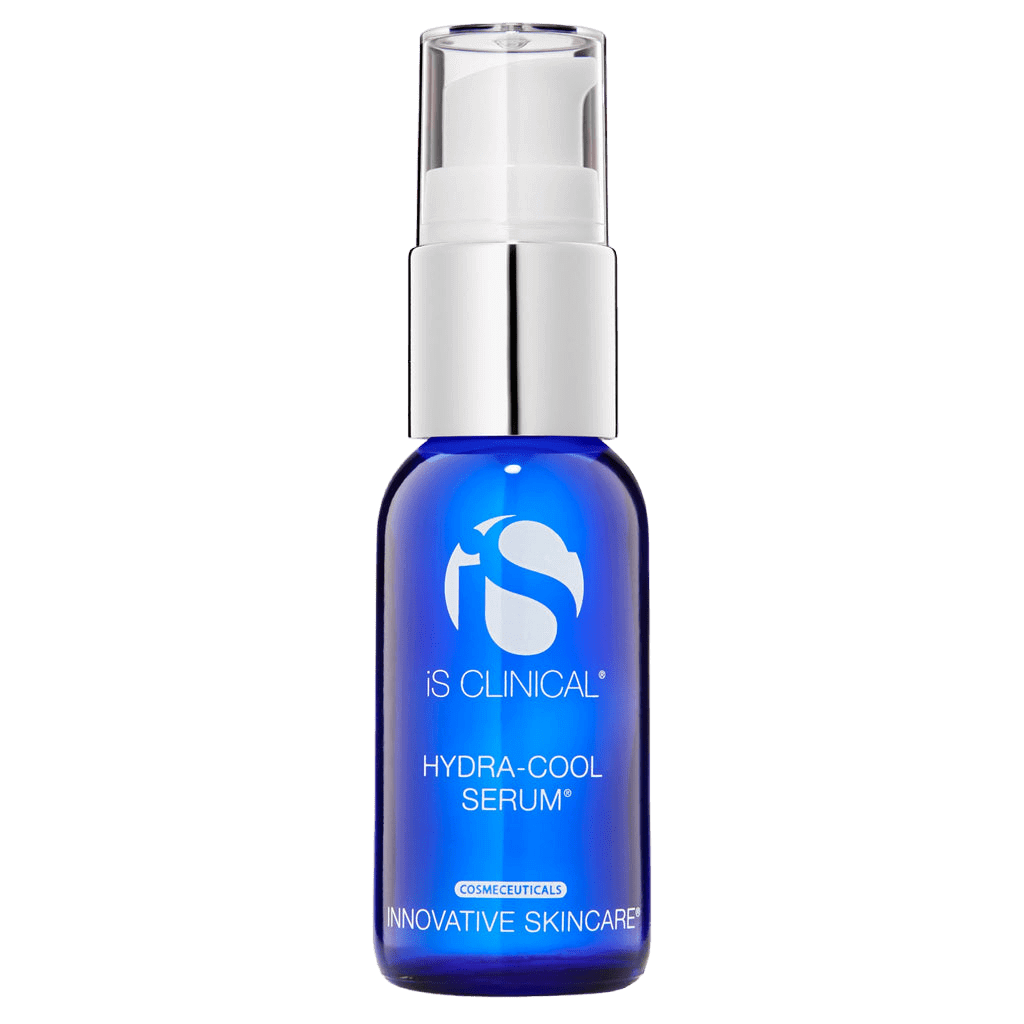 iS Clinical Hydra-Cool Serum in a blue bottle for hydration and soothing skin care.