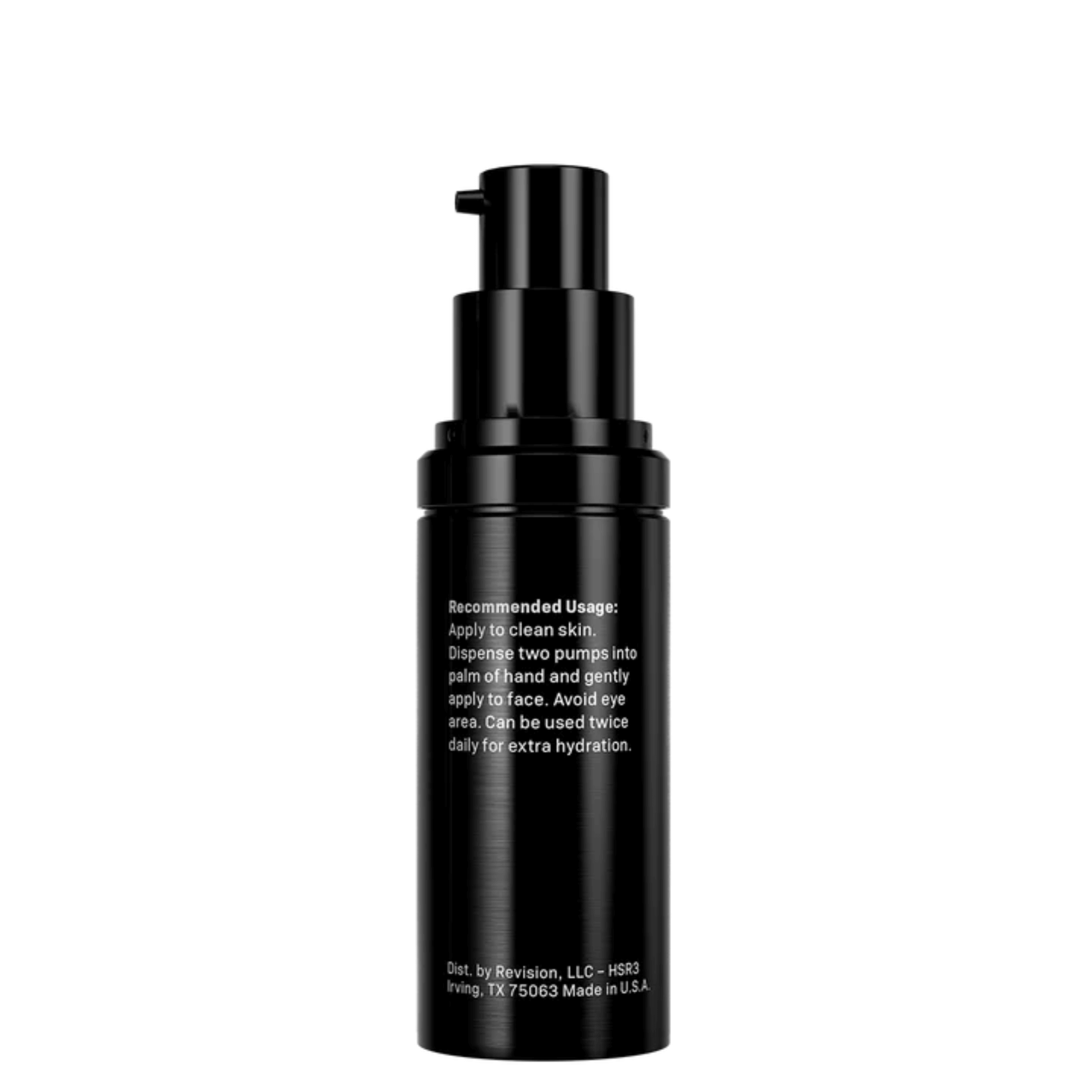Revision Skincare Hydrating Serum™ pump bottle displaying recommended usage instructions for hydration.