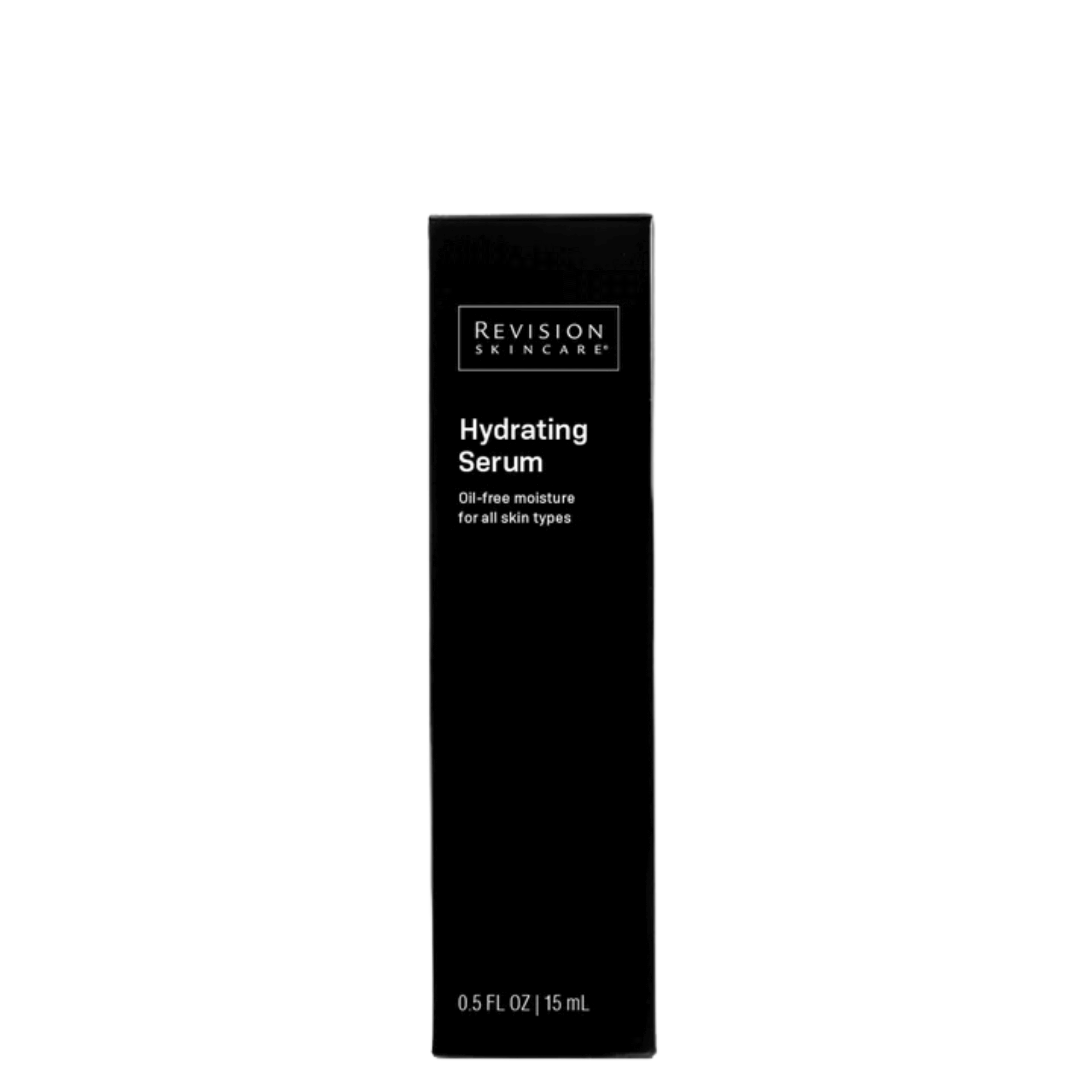 Revision Skincare Hydrating Serum™ in sleek packaging, promoting oil-free moisture for all skin types.