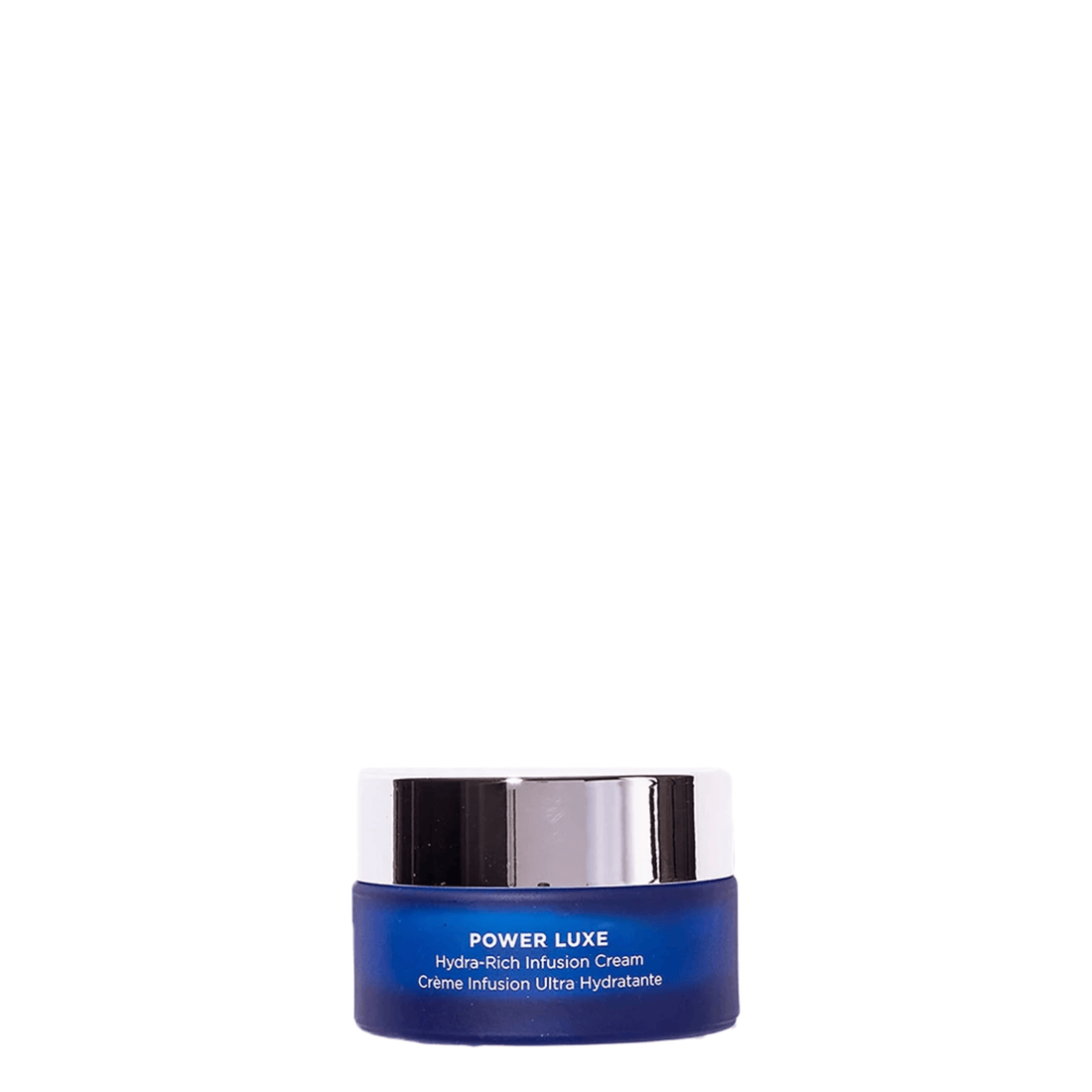 HydroPeptide Power Luxe overnight cream in blue jar with silver lid, for hydration and skin rejuvenation.