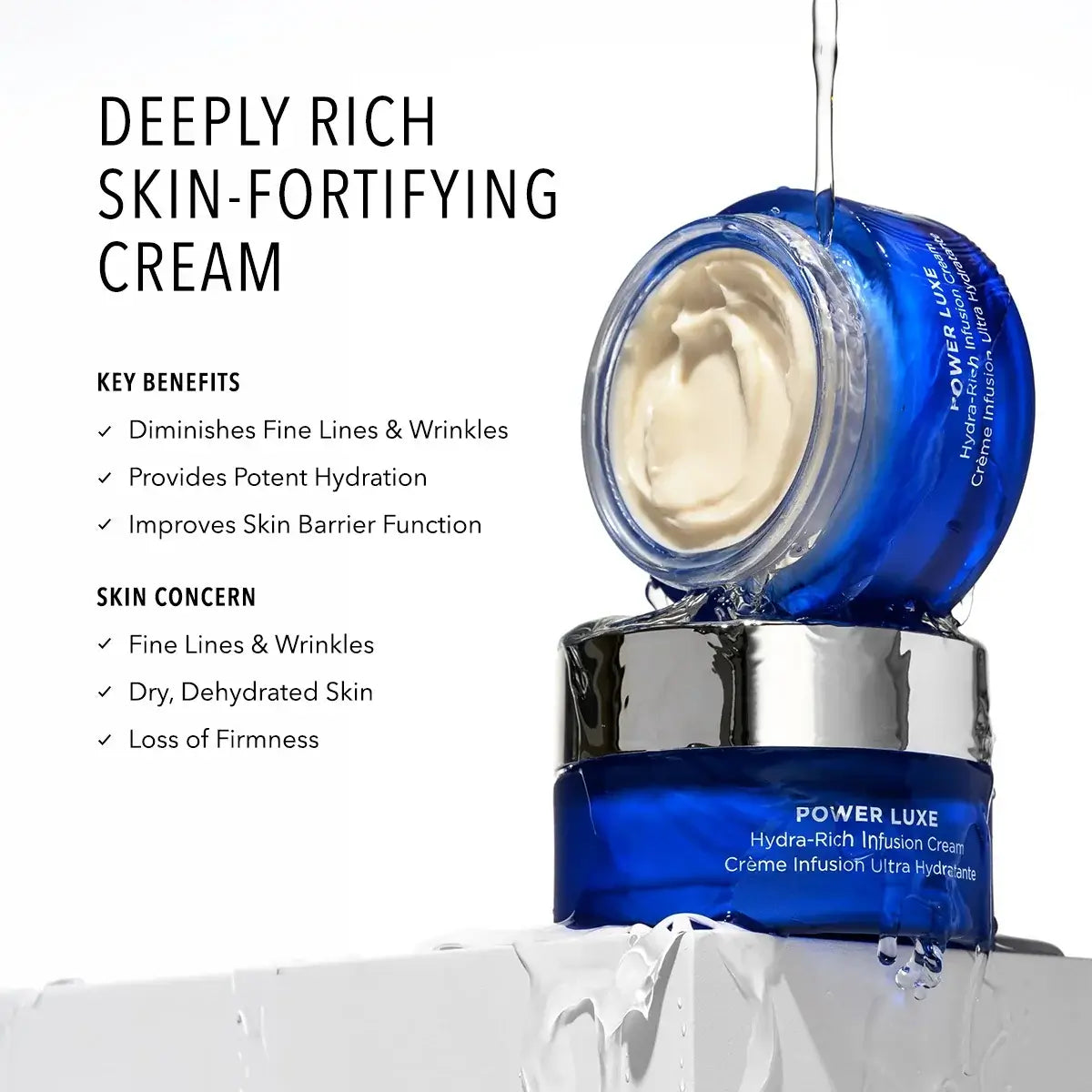 HydroPeptide Power Luxe deeply rich skin-fortifying cream in blue jar with hydrating benefits.