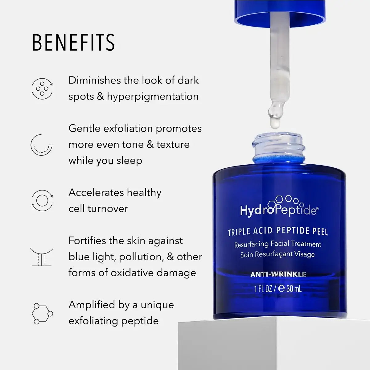 HydroPeptide Triple Acid Peptide Peel benefits image showcasing anti-wrinkle and skin-renewing properties.