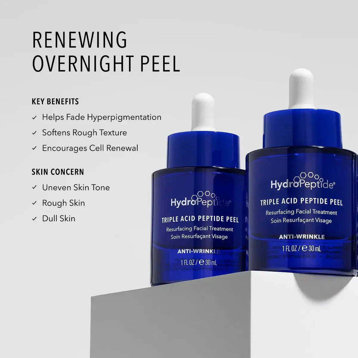 HydroPeptide Triple Acid Peptide Peel bottles for overnight skin treatment with key benefits and skin concerns highlighted.