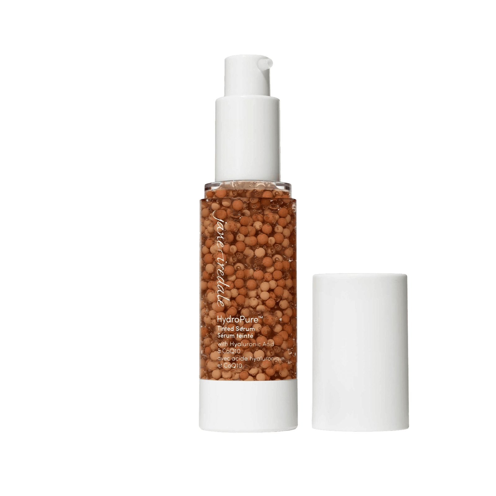 Jane Iredale HydroPure Tinted Serum in a transparent bottle with a white pump.