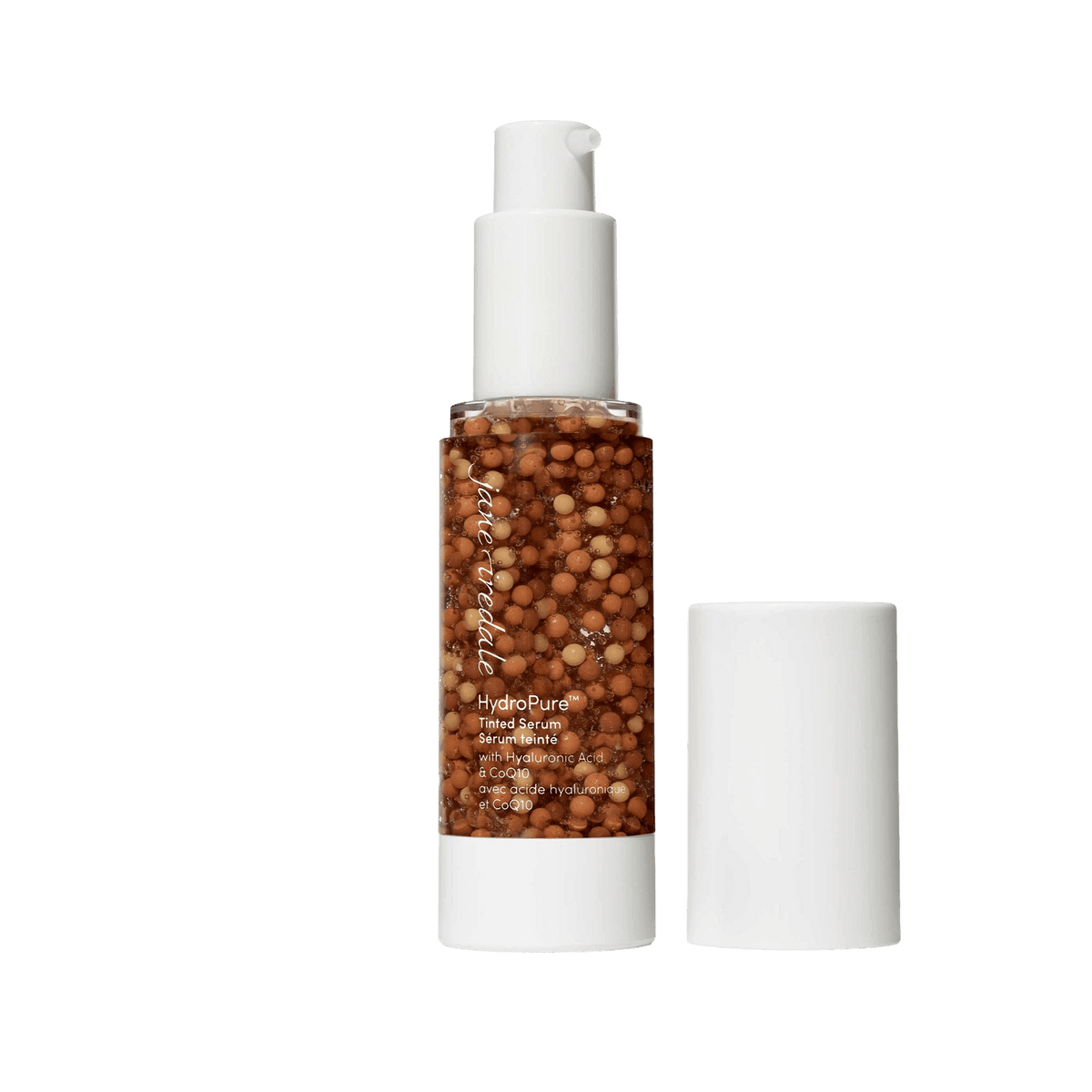 Jane Iredale HydroPure Tinted Serum in a pump bottle with cap off, showcasing hydrating formula and beads.