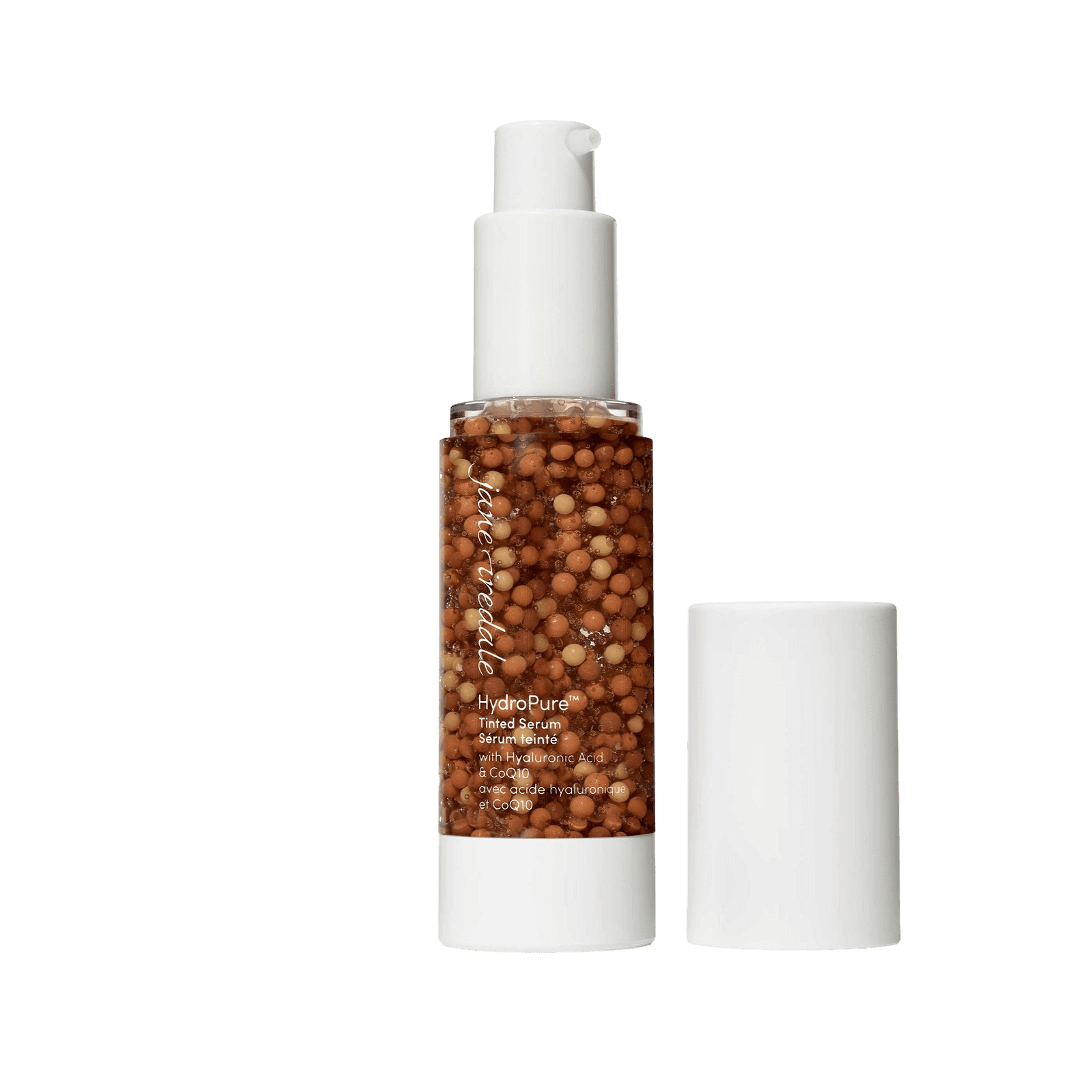 Jane Iredale HydroPure Tinted Serum in a pump bottle with cap off, showcasing hydrating formula and beads.