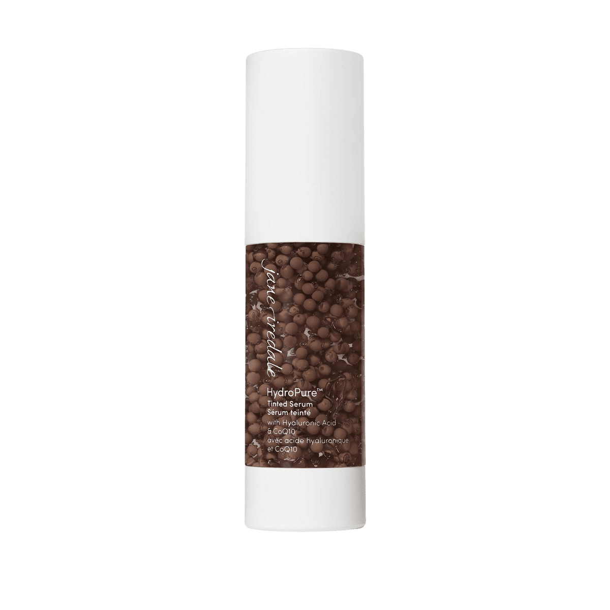 Jane Iredale HydroPure Tinted Serum in a sleek white bottle with brown beads for hydration and coverage.