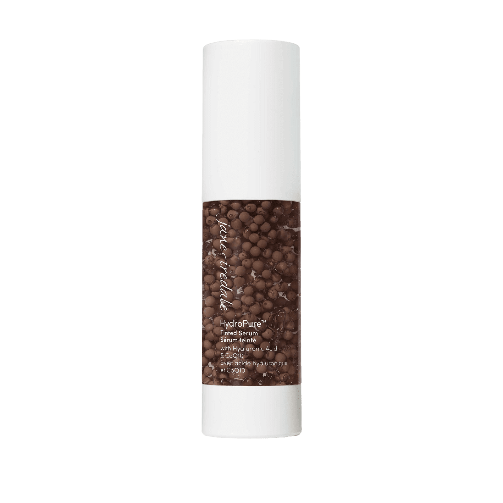 Jane Iredale HydroPure Tinted Serum in a sleek white bottle with brown beads for hydration and coverage.