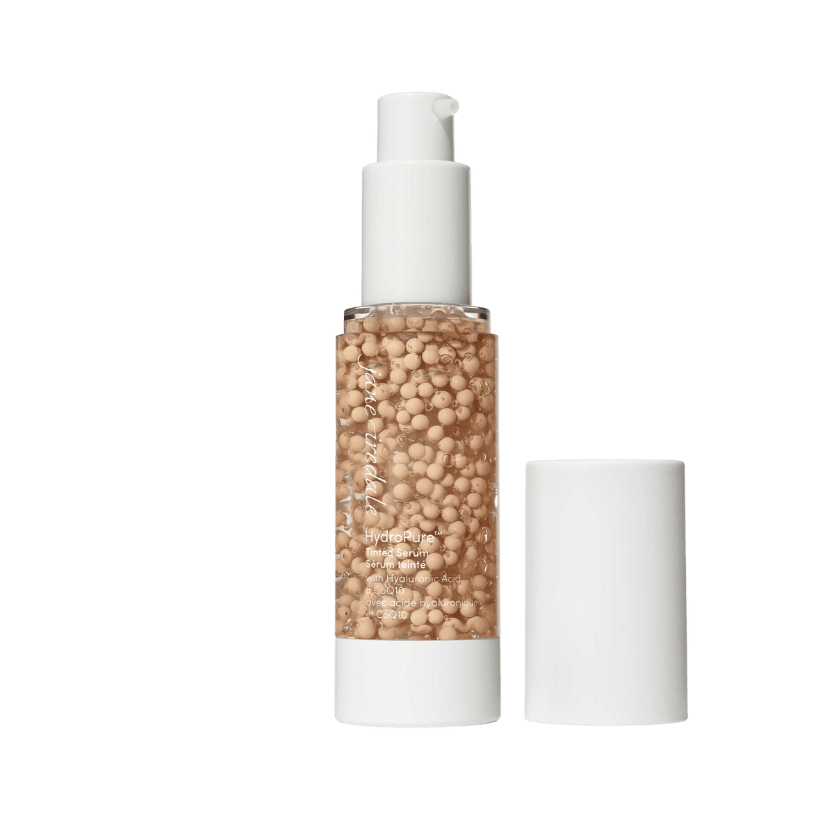Jane Iredale HydroPure Tinted Serum in pump bottle with hydrating beads for a dewy finish.