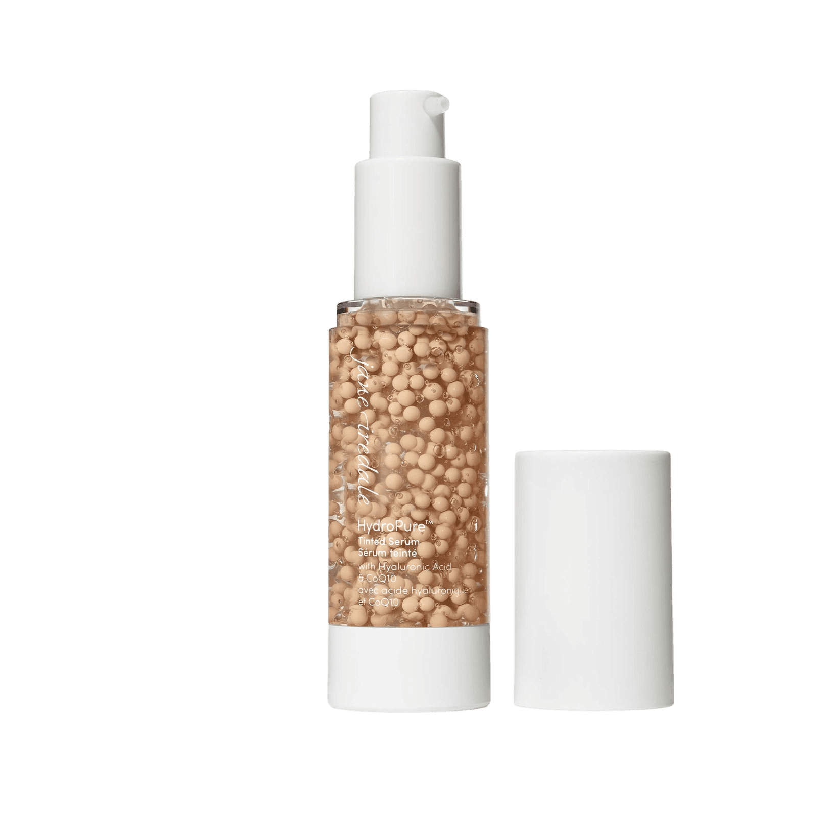 Jane Iredale HydroPure Tinted Serum in pump bottle with hydrating beads for a dewy finish.