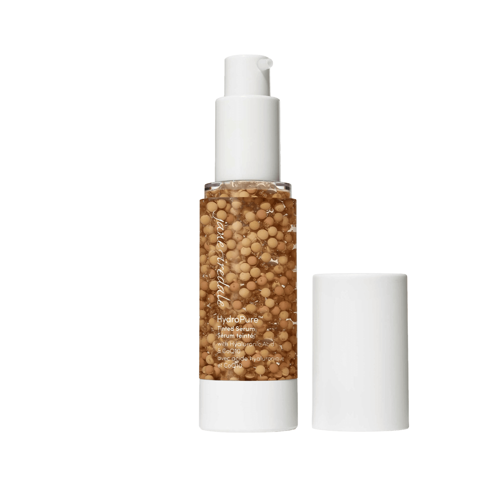 Jane Iredale HydroPure Tinted Serum bottle with pump and cap, highlighting hydration and coverage.