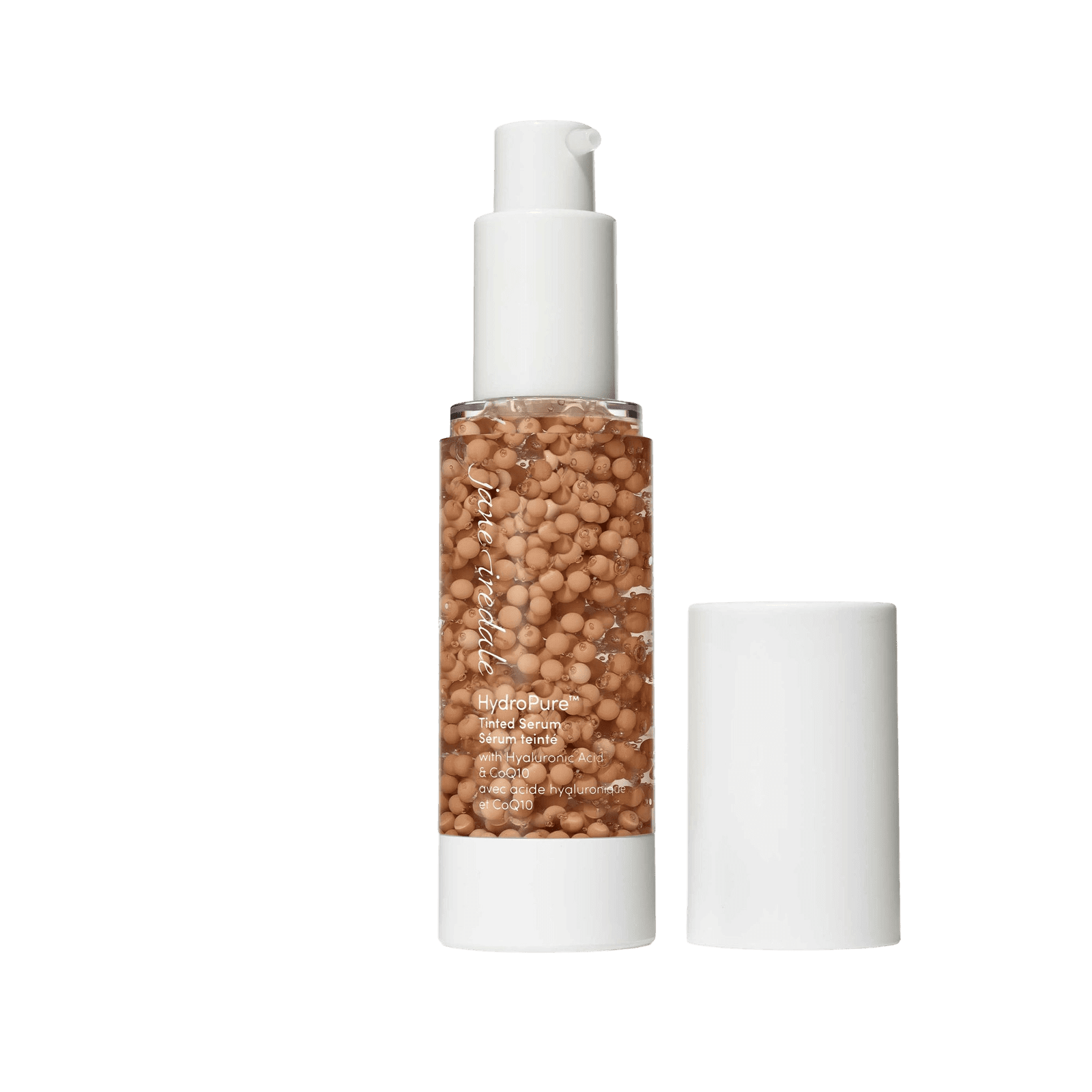 Jane Iredale HydroPure Tinted Serum in a pump bottle, showcasing its unique texture with moisturizing beads.