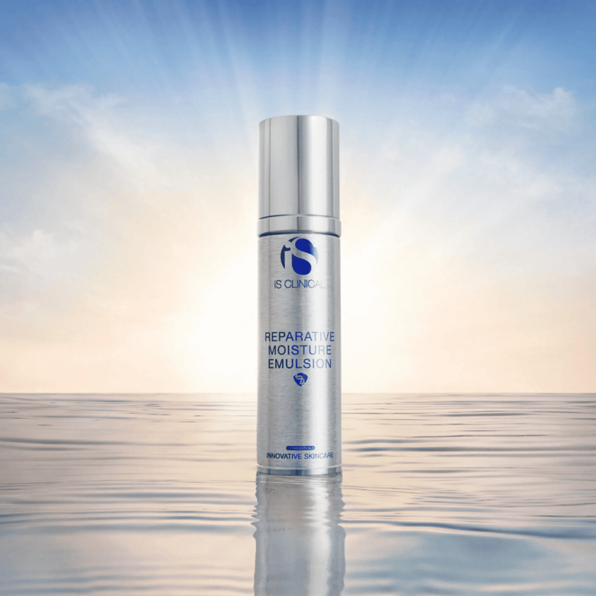 iS Clinical Reparative Moisture Emulsion™ bottle against serene background, promoting advanced skincare benefits.