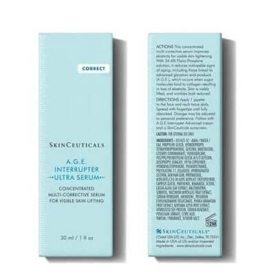 SkinCeuticals A.G.E. Interrupter Ultra Serum packaging, a double-patented lifting serum for visible skin tightening.