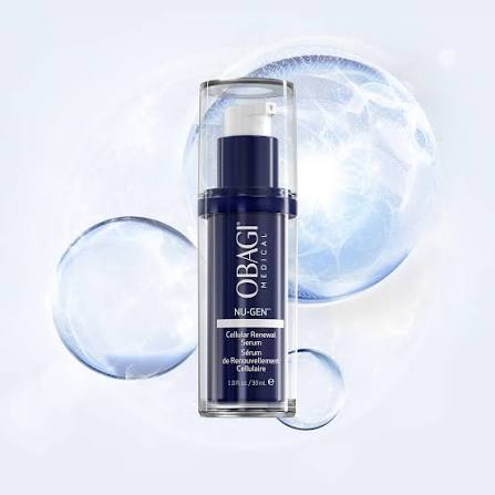 Obagi Nu-Gen Cellular Renewal Serum in a clear glass bottle with blue elements and bubbles background.