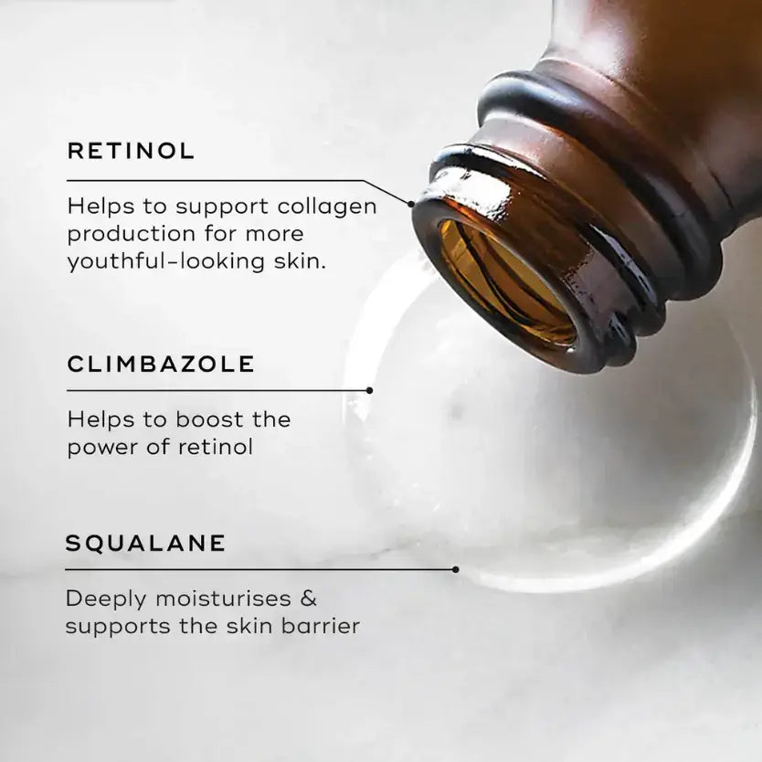 Medik8™ Intelligent Retinol ingredients: Retinol, Climbazole, and Squalane for youthful skin and hydration.