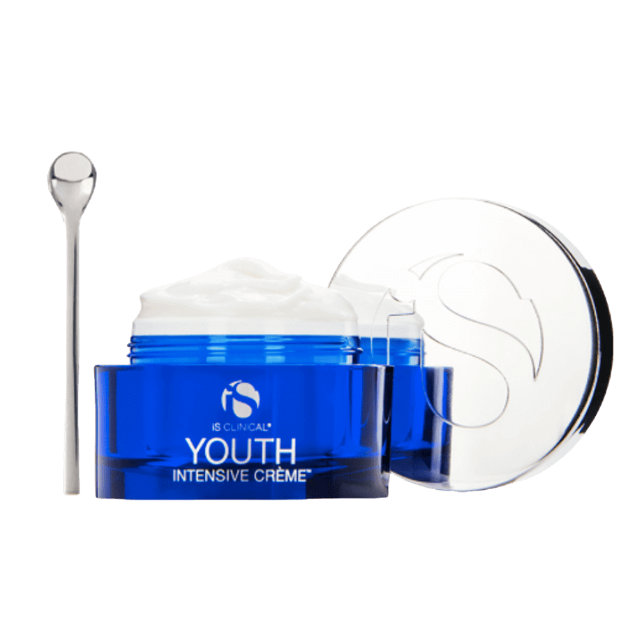 iS Clinical Youth Intensive Crème in a blue jar with a silver spoon, designed for hydration and anti-aging benefits.