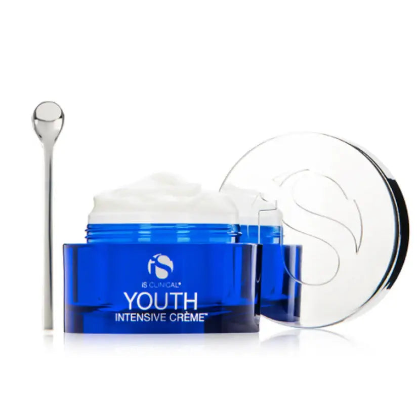 iS Clinical Youth Intensive Crème – Anti-Ageing Peptide Moisturiser 50g / 100g in a luxury blue jar with applicator.