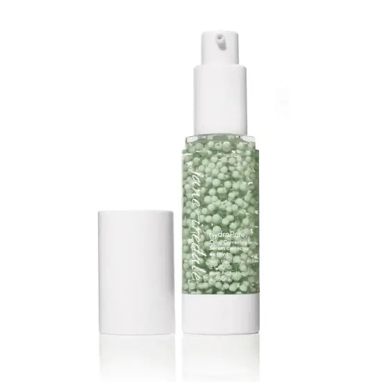 Jane Iredale HydroPure Colour Correcting Serum in a clear bottle with green beads for redness neutralization and hydration.