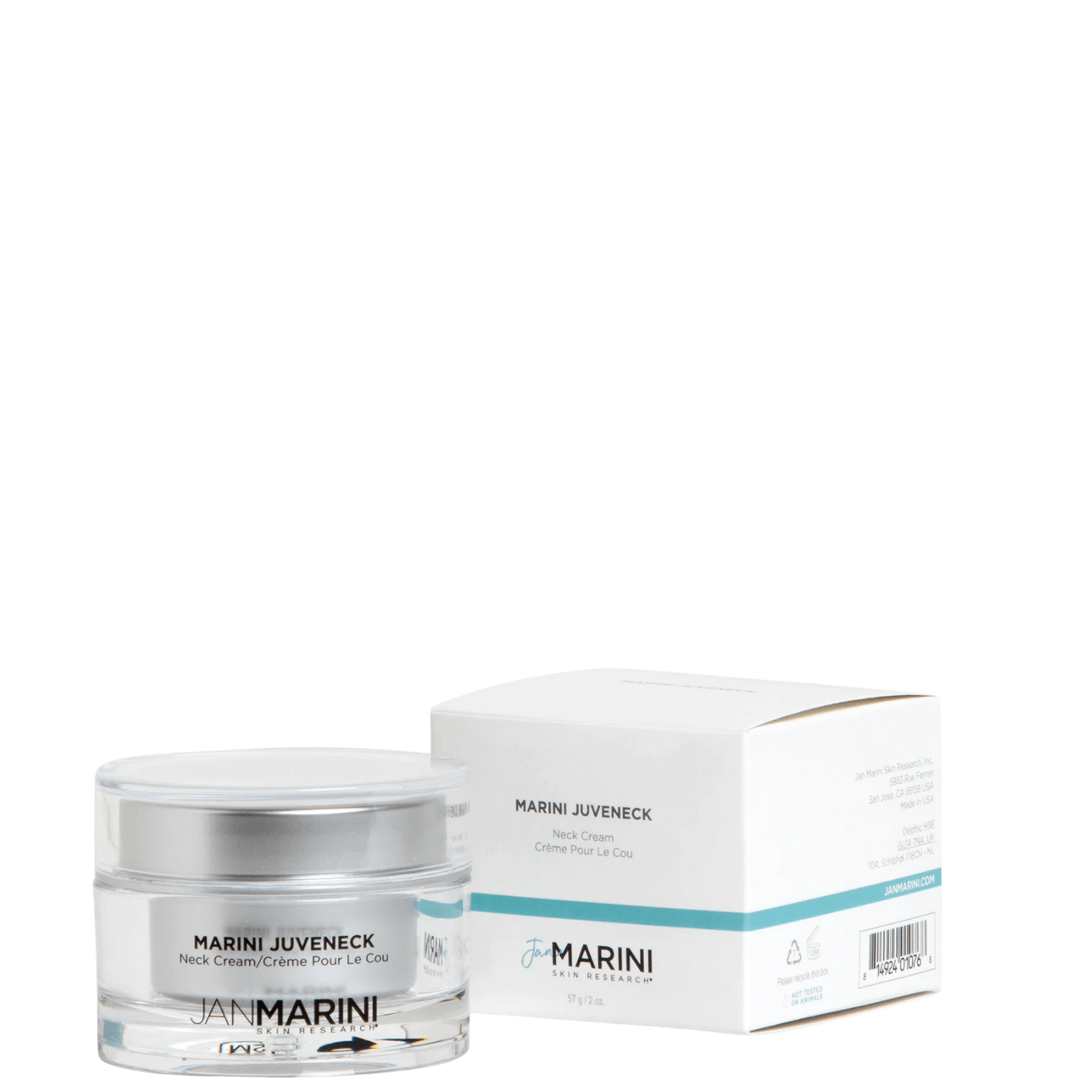 Jan Marini Juveneck™ neck cream in jar with box, for firming, smoothing, and brightening neck and décolletage.