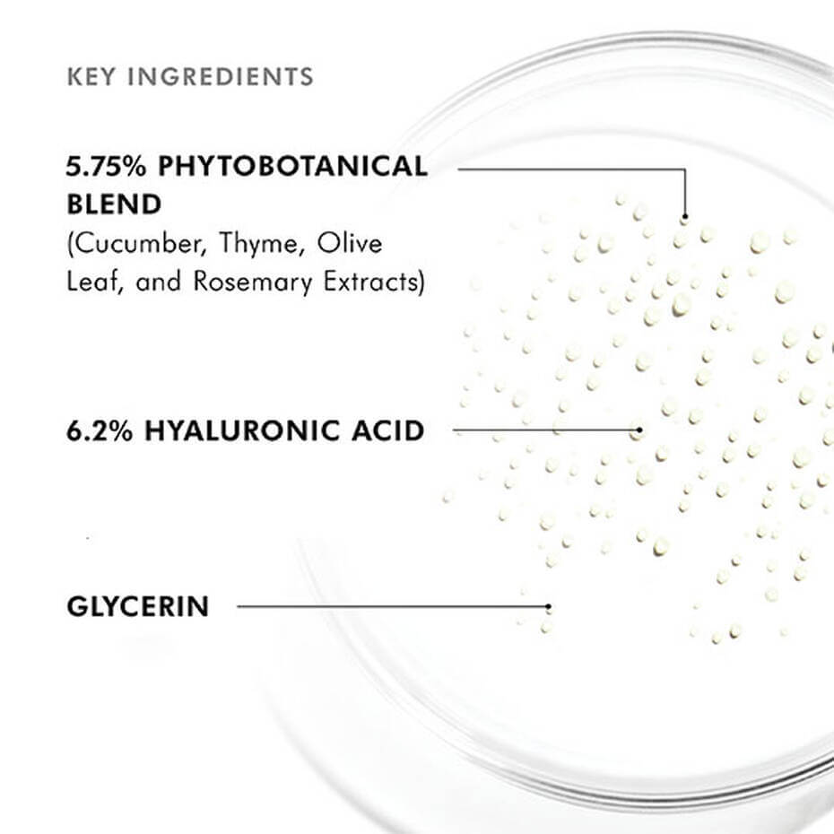 Key ingredients of SkinCeuticals Phyto Corrective Essence Mist, including 5.75% Phytobotanical Blend, 6.2% Hyaluronic Acid, and Glycerin.