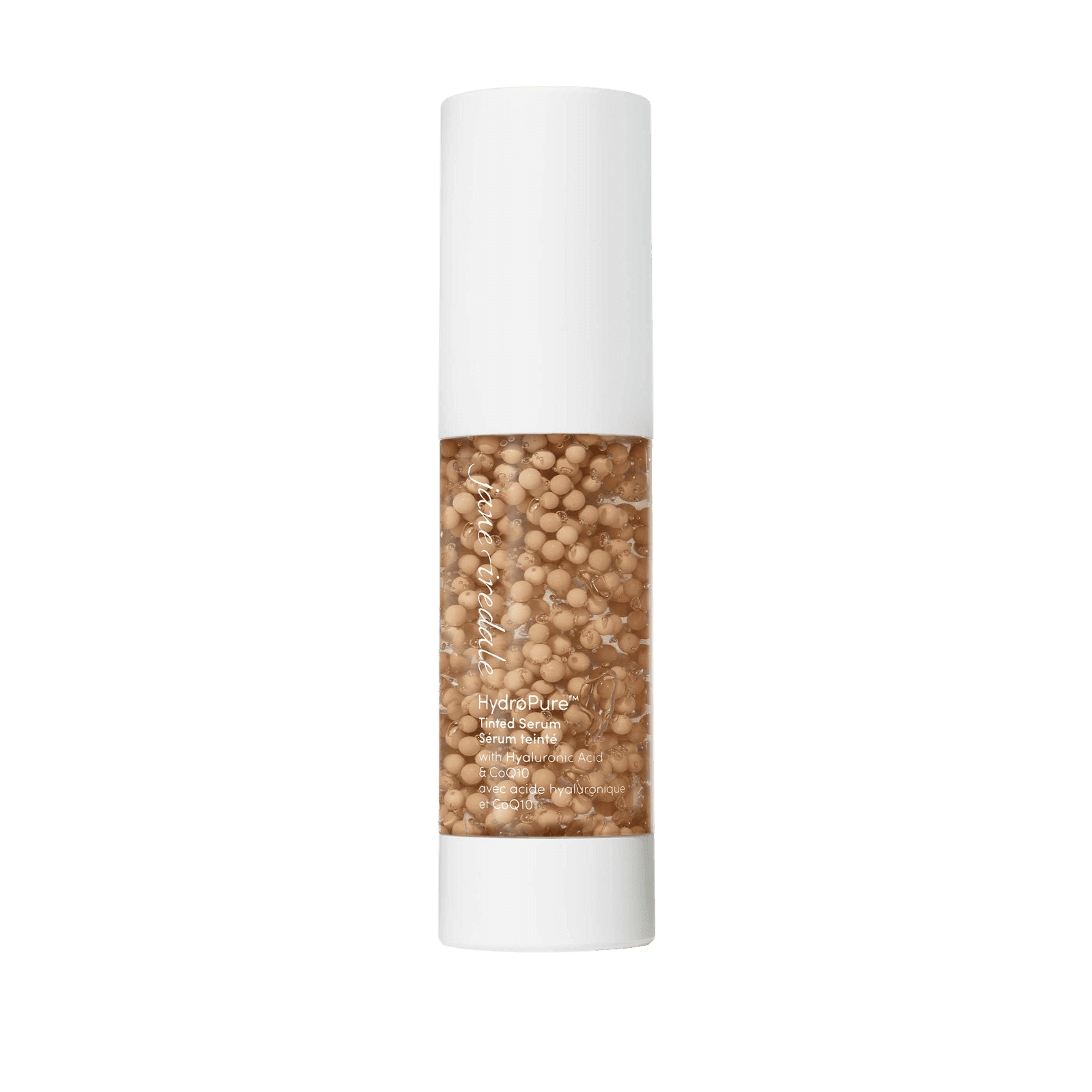 Jane Iredale HydroPure Tinted Serum in a sleek bottle showcasing its innovative formula with visible beads.