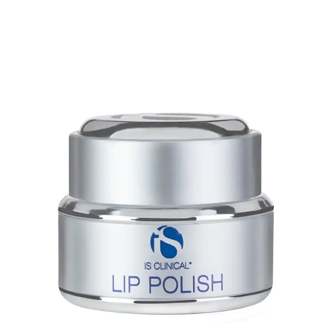 iS Clinical Lip Polish jar featuring a silver design for natural lip exfoliation and protection.