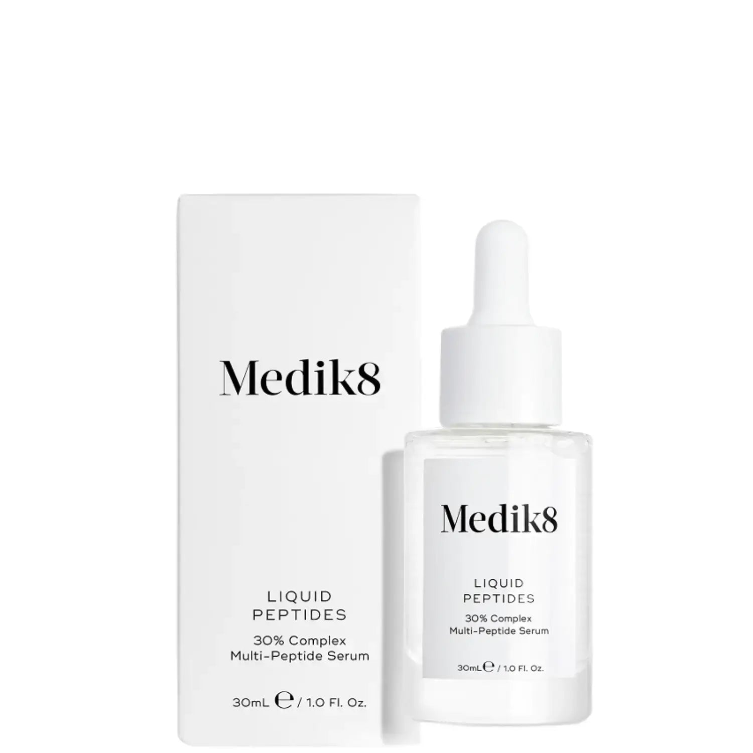 Medik8 Liquid Peptides™ 30% Complex Multi-Peptide Serum in a clear dropper bottle with sleek packaging.