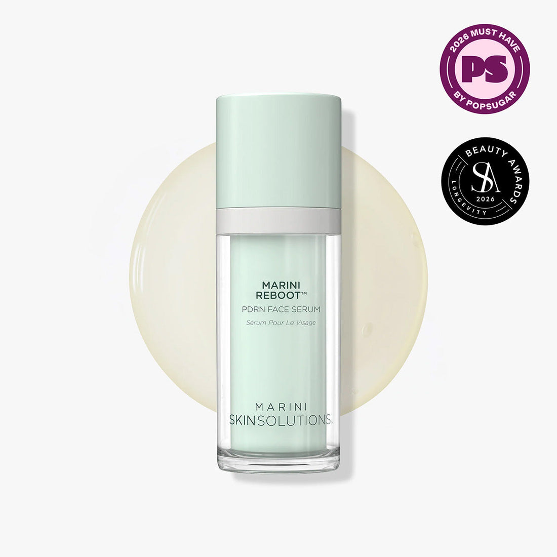 Marini SkinSolutions Reboot PDRN Face Serum - bottle and awards