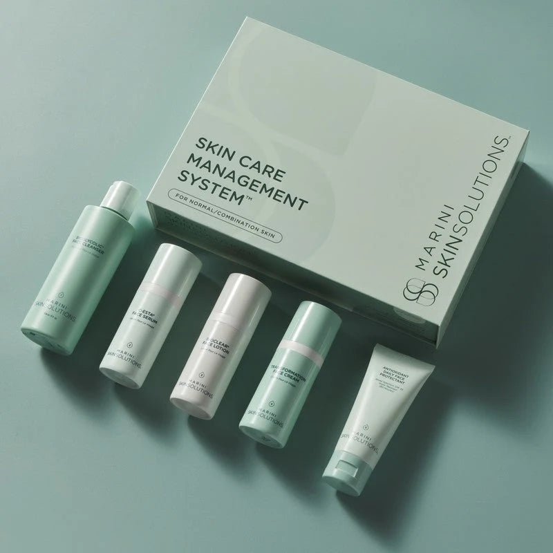 Marini SkinSolutions Skin Care Management System - Normal / Combination Skin with Antioxidant Daily Face Protectant SPF 30 products arranged in a box.