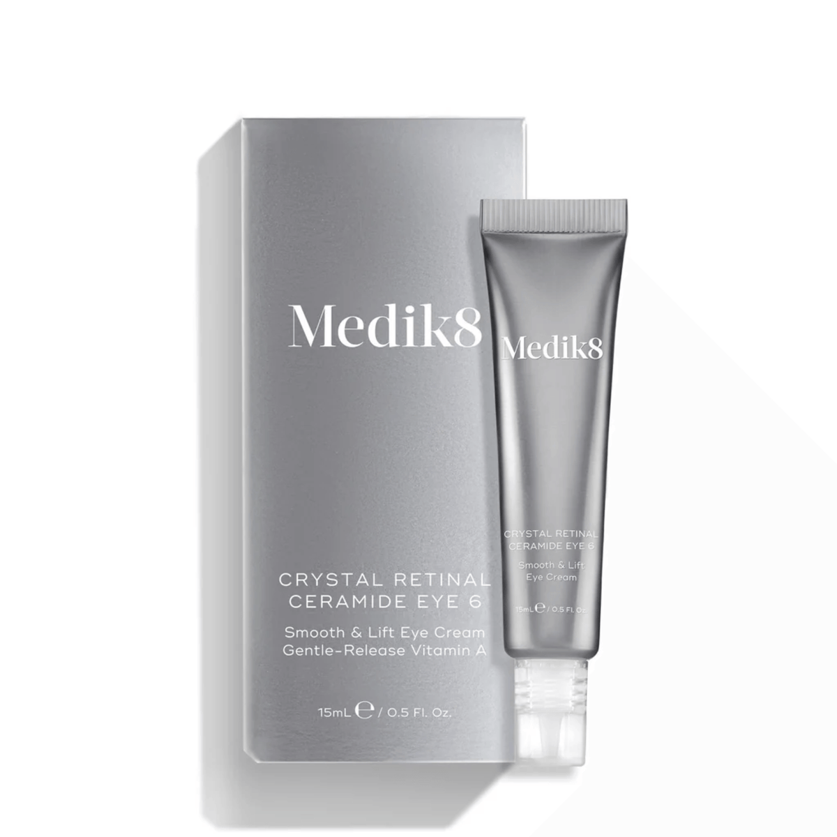 Medik8 Crystal Retinal Ceramide Eye packaging and tube, targeting fine lines and wrinkles around the eyes.