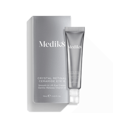 Medik8 Crystal Retinal Ceramide Eye packaging and tube, targeting fine lines and wrinkles around the eyes.