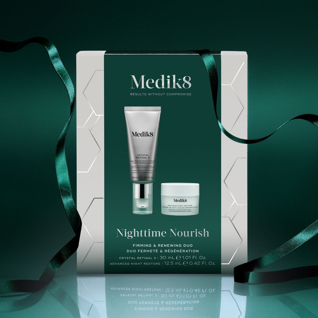 Medik8 Nighttime Nourish festive gift box with green ribbon