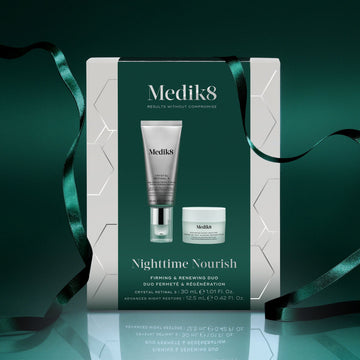 Medik8 Nighttime Nourish festive gift box with green ribbon