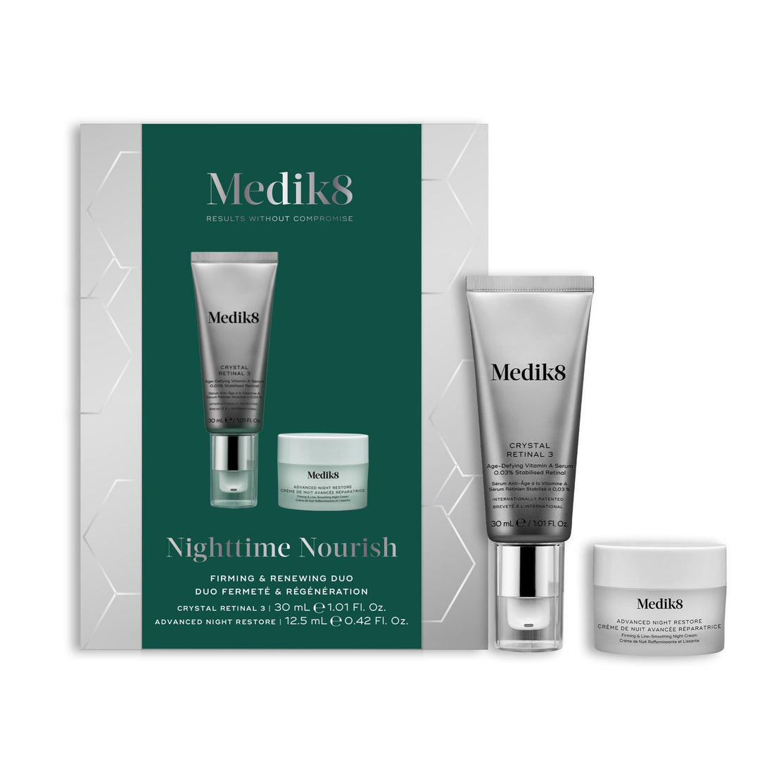 Medik8 Nighttime Nourish festive gift box with green ribbon