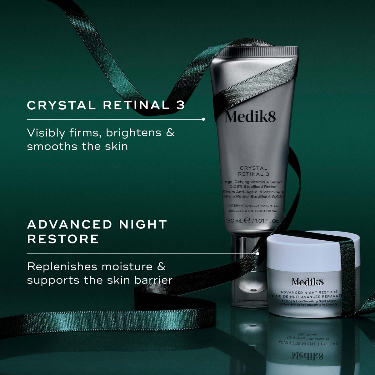 Medik8 Nighttime Nourish products with the key benefit of each