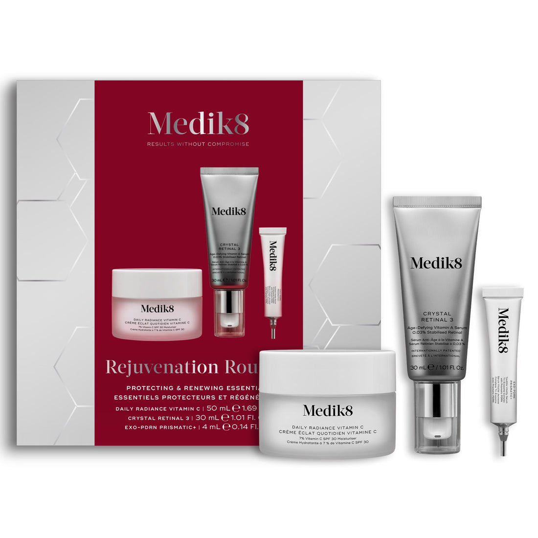 Medik8 Rejuvenation Routine festive gift box wrapped in red ribbon