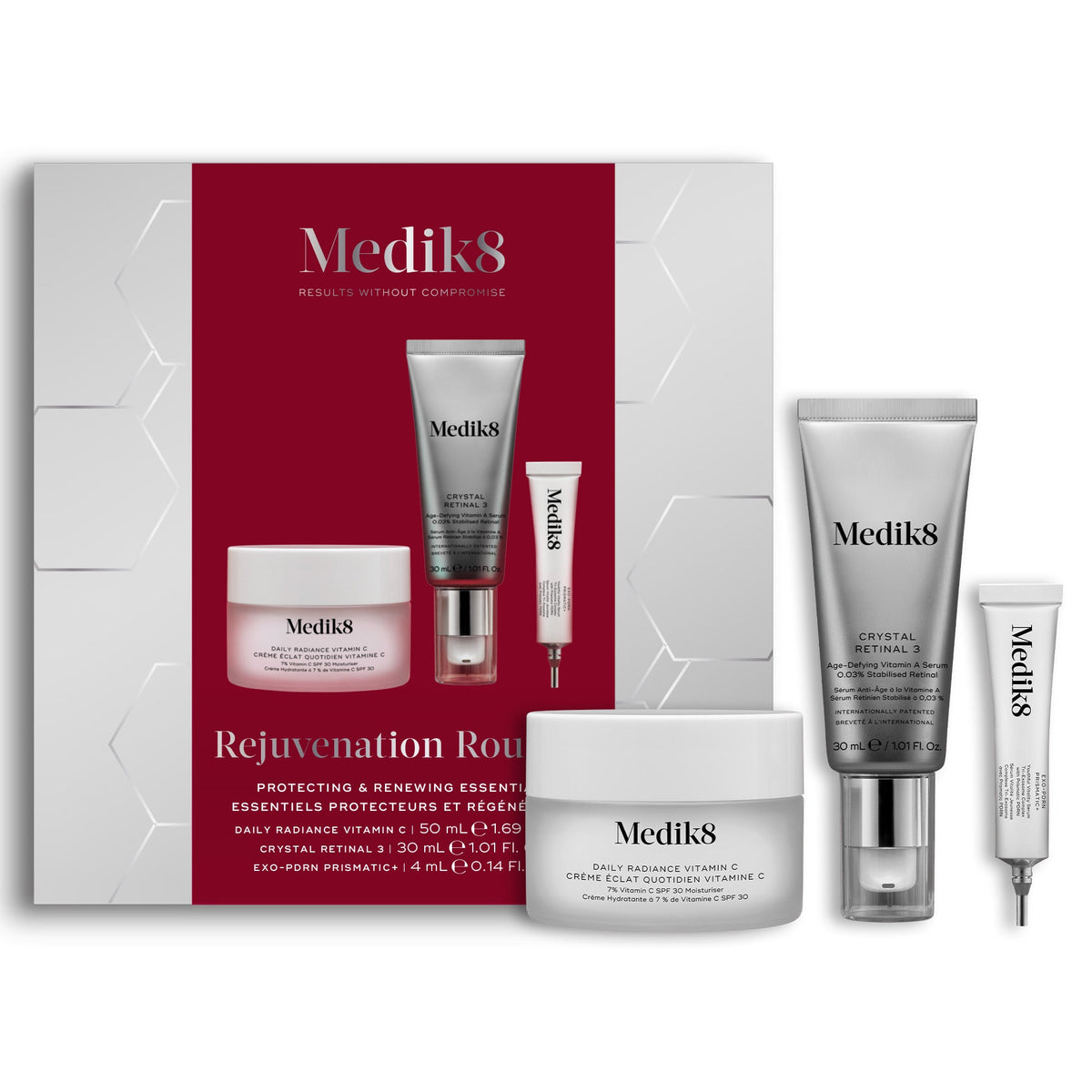 Medik8 Rejuvenation Routine gift box with Daily Radiance Vitamin C, Crystal Retinal 3 and Exo-PDRN Prismatic+