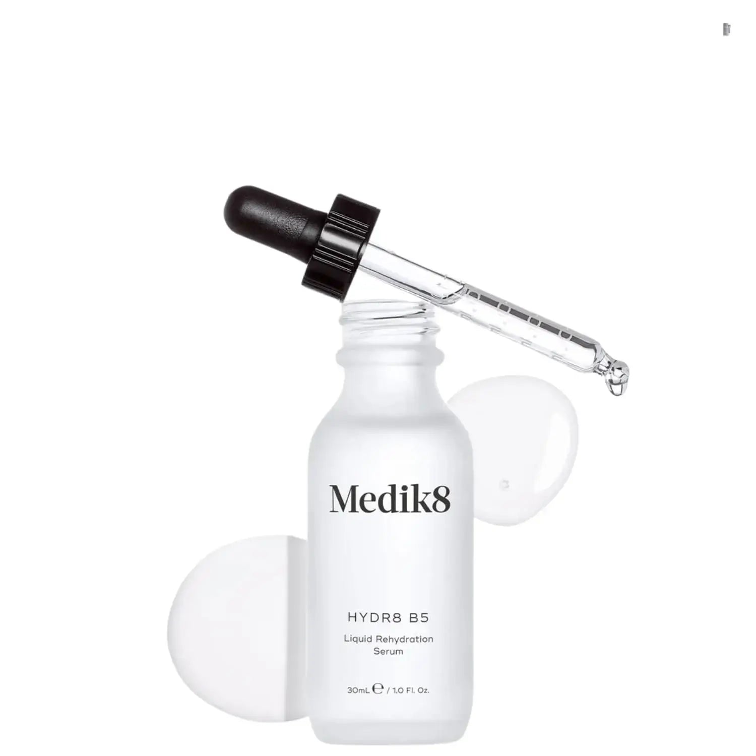 Medik8 Hydr8 B5™ Liquid Rehydration Serum with dropper and clear serum drop.