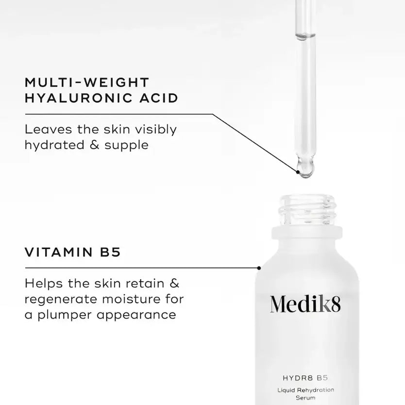 Medik8 Hydr8 B5™ serum with multi-weight hyaluronic acid for hydrated and plumper skin.