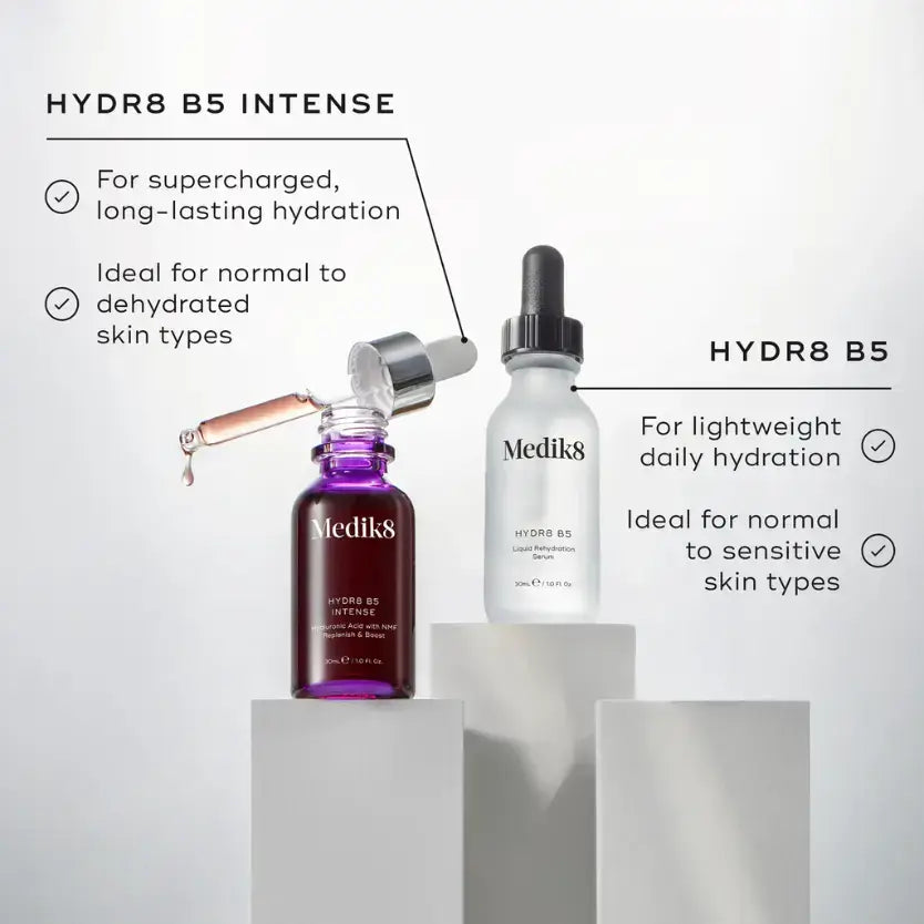 Medik8 Hydr8 B5™ serum bottles for hydration and skin types with clear labels.